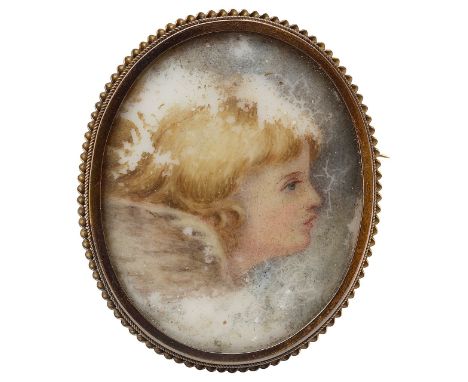 A Victorian painted ceramic and gold mounted broochdepicting an angel, set within a gold brooch mount, with twisted rope bord