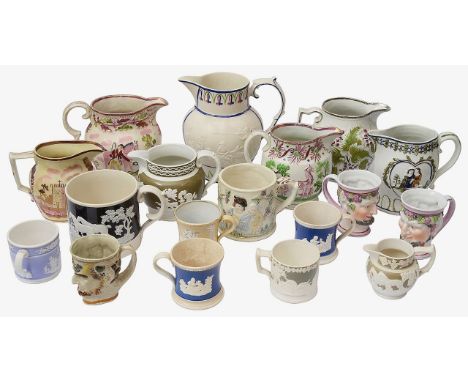 A collection of 19th century pottery jugs and mugs to include lustre decorated relief jugs, decorated with a huntsmen, a stag