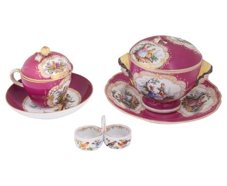 A late 19th century Meissen chocolate cup, cover and saucer and other itemsfirst ogee shaped, the cover with bud finial, deco