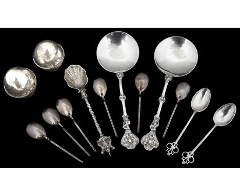 A collection of silver spoonsvarious dates, makers markscomprising a pair of late Victorian serving spoons, London, 1898, Wil