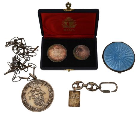A George V silver and blue guilloche enamel powder compact and other silver itemsfirst Birmingham, 1936 Crisford and Norris L