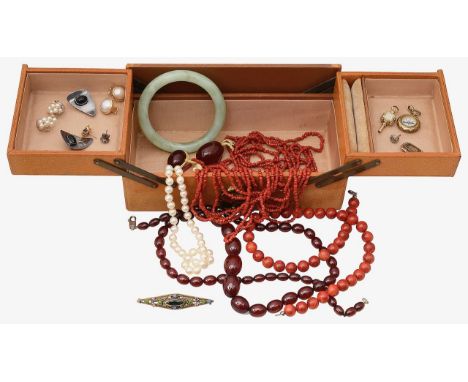 A jewellery box with costume jewellery a pair of 9ct gold twisted knot earrings, stamped with hallmarks to stem; a multi-stra
