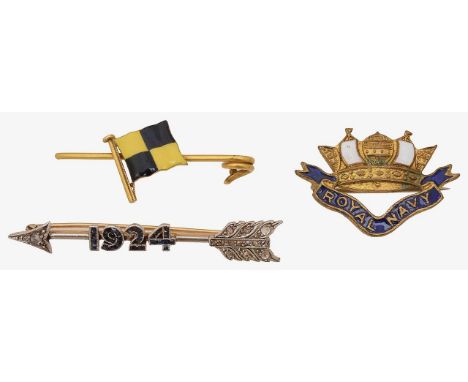 Three Edwardian brooches:an diamond-set arrow brooch, applied with '1924' in calibrŽ-cut sapphires; together with a 15ct yell