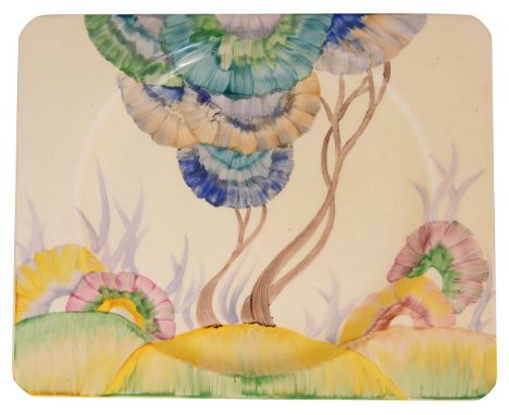 Clarice Cliff Bizarre - a Biarritz shaped Viscaria pattern side plate decorated in colours, printed Royal Staffordshire marks