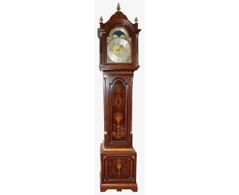 A late Victorian Sheraton Revival mahogany and marquetry long case clock with moonphase13" arched brass dial with silvered ch