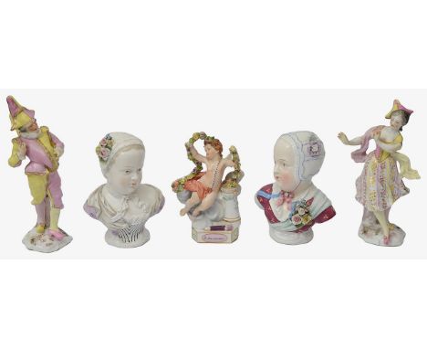 Late 19th century continental porcelain figures and bustscomprising a pair of Italian Le Nove figures of Pulcinella and Colum