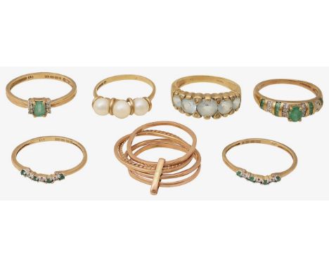 A collection of rings9ct gold and emerald set stacking ring set, central rectangular step-cut emerald, claw-set between colou