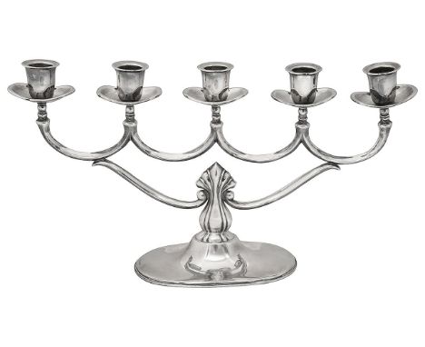 An early 20th century Norwegian .830 silver five light candelabrumstamped 830S issuing five lights with integral drip pans ra