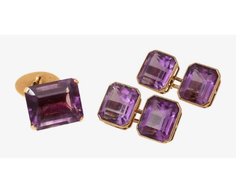 A pair of amethyst cufflinksfeaturing step-cut amethysts, bezel set, unmarked, together with one amethyst set cufflink, step-