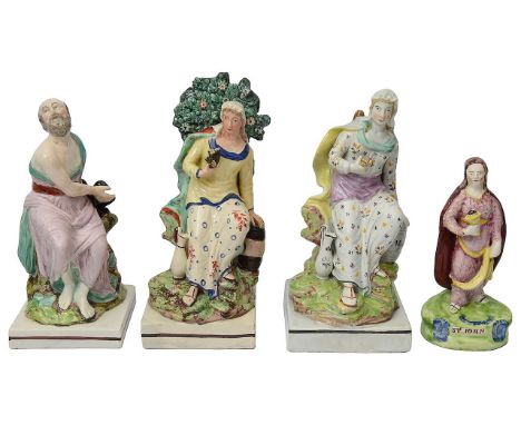 Four early 19th century Staffordshire pearlware figures of biblical characterscomprising 'St John', dressed in robes and hold