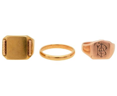 A group of three ringsFrench art deco ring, stamped '0750' with French marks; a wedding band, indistinctly stamped "18ct" and