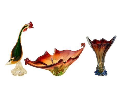 Mid 20th century Italian Murano Art glass large sommerso centrepiece bowl, a vase and a cockerel sculpturefirst of moulded sc