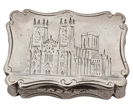 An early Victorian silver vinaigrette Birmingham, 1849, Nathaniel Millsof rectangular form with shaped outline, the hinged co
