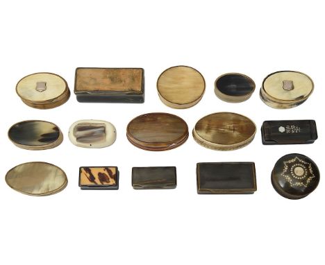 A collection of 19th Century and later century horn snuff boxesto include two Scottish ovoid examples with applied silver shi
