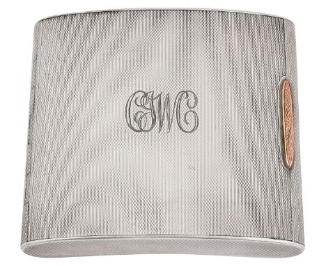 An Elizabeth II engine turned silver cigarette caseBirmingham, 1952, A Wilcoxof rectangular curved hip fitting from, cover wi