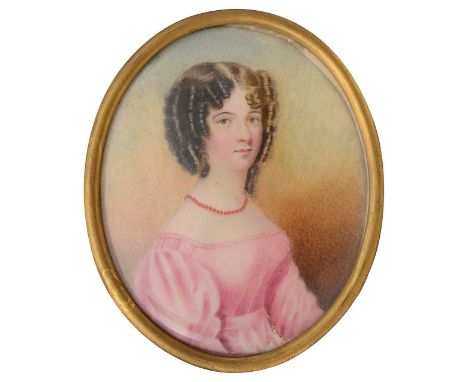 Early 19th century British School A portrait miniature of a young lady c.1830, facing right her hair parted and curled in rin