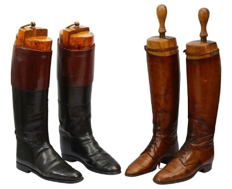 Two pairs of early 20th century leather hunting boots with treesthe first tan leather lace up boots with leather heel and sol