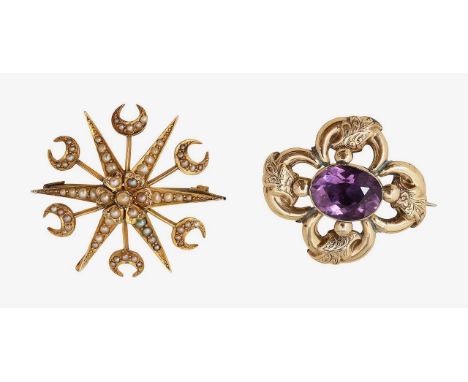 Two broochesthe first; a seed-pearl star-burst brooch, with integral suspension loop, stamped to reverse "18ct", the second; 