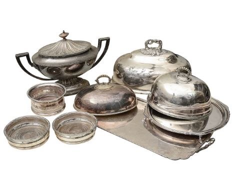 A collection of electroplated itemscomprising a Neoclassical style twin handled soup tureen and cover of urn form, three meat