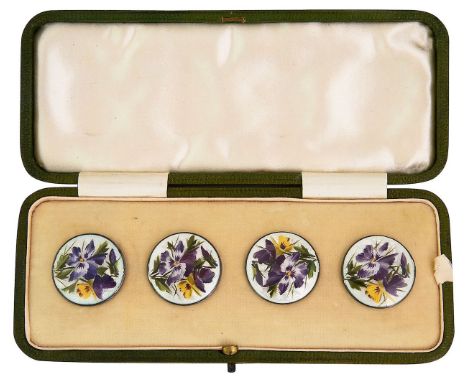 An Edwardian cased set of four silver painted guilloche enamel buttonsBirmingham, 1904, Douglas Clock Co Ltdcircular painted 