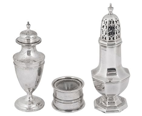 Two silver sugar casters and an inkwellfirst London, 1909, Goldsmiths &amp; Silversmiths Co., Ltd, of urn form with reeded bo