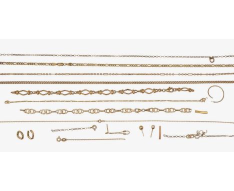 A collection of accessories9ct gold flattened curb-link chain, stamped with London import marks; 9ct gold fetter link chain, 