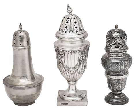 A late Victorian Neoclassical sugar caster, a Hanau caster and another first Sheffield, 1901, Hawksworth, Eyre &amp; Co, of f