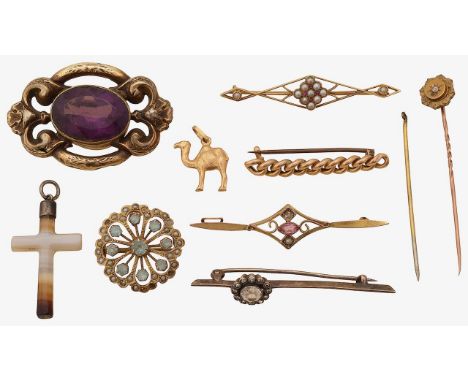 A collection of brooches and other itemsan open-work pearl and pink gem set bar brooch, stamped "15ct"; blue gemstone and see