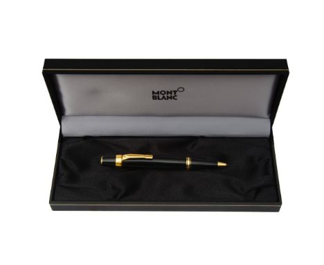 A Mont Blanc Boheme Rollerball ballpoint pen black resin with gold plated fittings, serial number XY1023485, in a fitted Mont