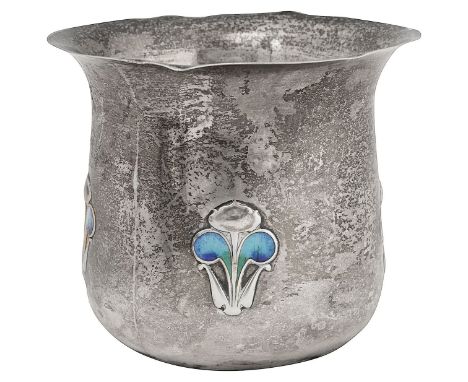 An Edwardian Art Nouveau silver and enamel sugar bowl Birmingham, 1905, S Blanckensee &amp; Son Ltdof plain bellied form with