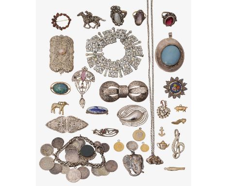 A collection of lady's accessoriesgarnet brooch in the shape of a wreath, stamped to pin "375"; an opal set brooch, stamped "