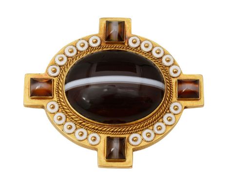 A early / mid Victorian agate, enamel and yellow gold broochthe central oval banded agate cabochon collet-set the above the y