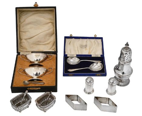A collection of silver to include a sugar caster, pair of pedestal salts etc.various dates, makerscomprising a baluster from 