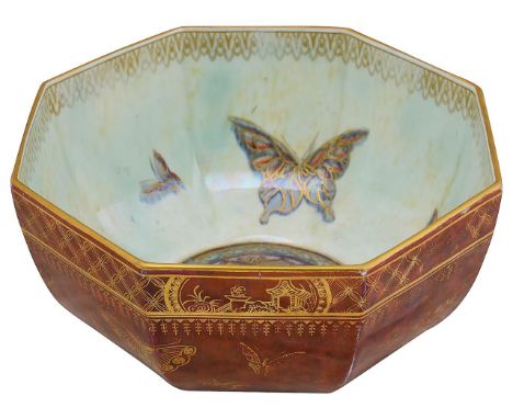 Daisy Makeig-Jones for Wedgwood lustre a 'Butterfly' lustre bowl, Z4827octagonal tapering form, ruby exterior decorated with 