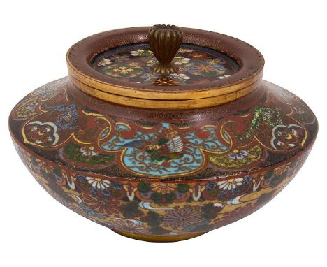 A Japanese Meiji period cloisonnŽ koro and cover of compressed form profusely decorated in polychrome enamels with shaped pho