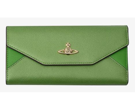 A Vivienne Westwood green purse or long walletof envelope style with gilt push button Westwood emblem, button with red silk l