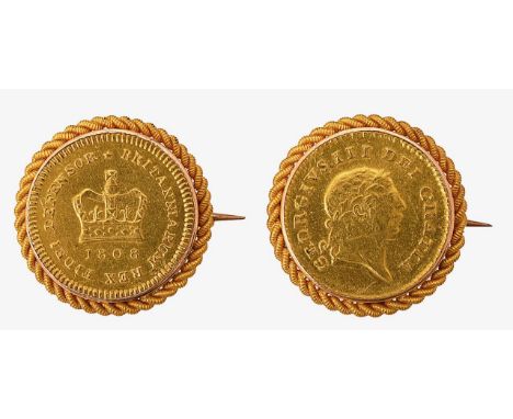Two George III Third-Guinea broochesthe first: dated 1808, laureate head facing right, rev. crown and date within legend, set