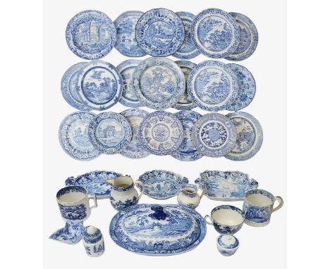 Late 18th and 19th century blue and white transfer decorated pearlware to include a Spode 'Buffalo pattern' dinner plate, 'Ba