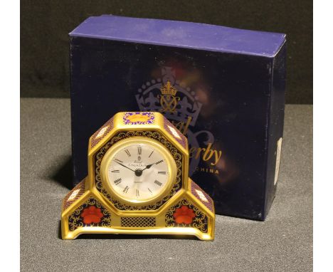 A Royal Crown Derby Imari palette 1128 pattern desk clock, first quality, boxed 