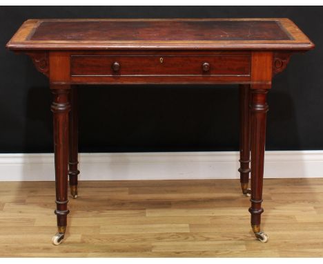 A Victorian mahogany writing table, moulded rounded rectangular top with inset tooled writing surface above a long cockbeaded