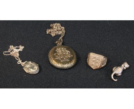 A sterling silver signet ring, cast with a shield and three lions, 9.8g; a sterling silver necklace chain, a late 19th centur