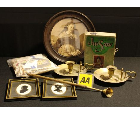 Boxes and Objects - a photographic portrait, The Orphan Girl, wooden frame, 30cm diam; a pair of brass chambersticks, snuffer