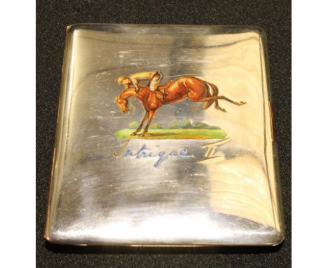 A George V silver and enamel rounded rectangular cigarette case, hinged cover decorated in polychrome with a racehorse and jo