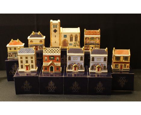 A Royal Crown Derby miniature model, Church, porcelain stopper, printed marks, boxed; other miniature model houses and shops,