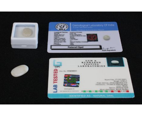 Loose Gemstones - a certified natural opal, 4.60cts, GLOA certificate; another, natural opal, 6.82cts, GJSPC certificate (2) 