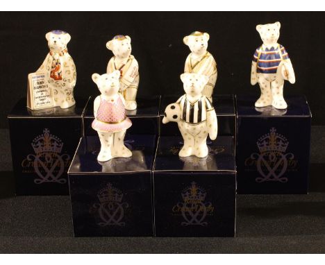 A Royal Crown Derby miniature model of a Teddy Bear, Rugby Bear, 9.5cm, printed mark, boxed; others, Sachin Tendulkar Cricket