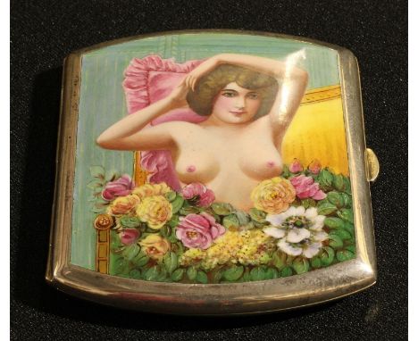 A Continental enamel erotic cigarette case, hinged cover decorated in polychrome with a risque portrait of a young lady, 9.5c