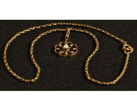 A 9ct rose gold flower shaped pendant, set with a single central polished opal cabochon surrounded by eight seed pearls, loze