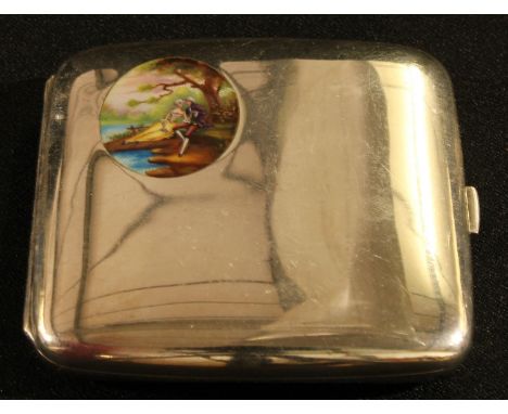 An early 20th century Continental silver and enamel rounded rectangular cigarette case, hinged cover decorated with a polychr