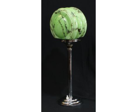 An Art Deco table lamp, chrome three step base and column, marbled green glass shade, 47cm high 